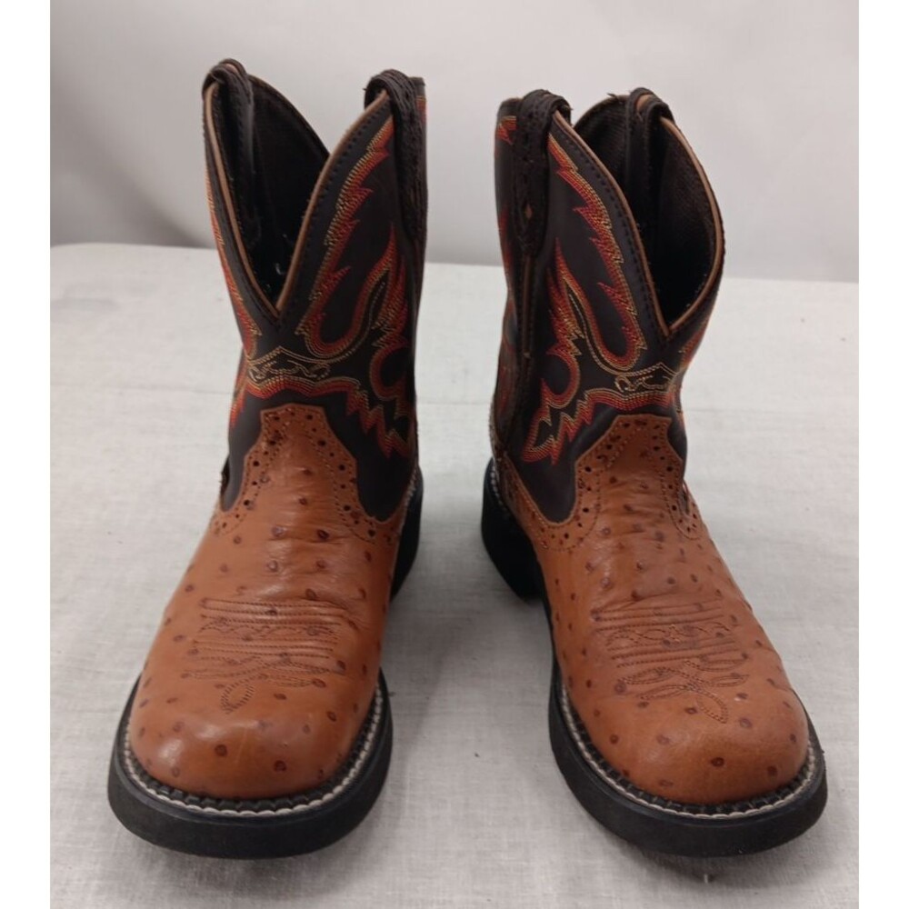Justin Fatbaby Western Roper Boots Brown Ostrich Quill Leather Womens 6.5 B L990